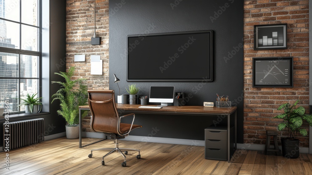 Poster a workspace featuring a desk equipped with a computer and monitor, set in a well-lit room, ideal for