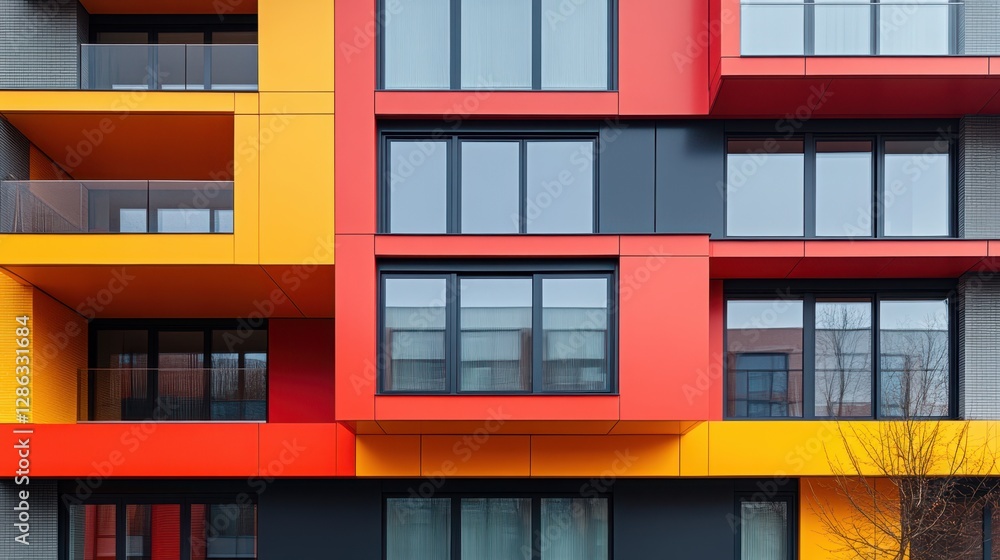 Aufkleber a vibrant building featuring a charming bench in front, showcasing colorful architecture and invitin