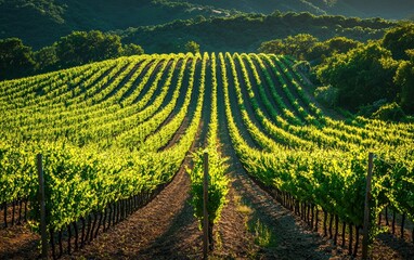 Fototapeta premium Professional stock photo of a Scenic Vineyard with Rows of Lush Green Grapevines