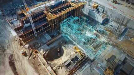 Aerial view of a construction site with a superimposed digital building model.
