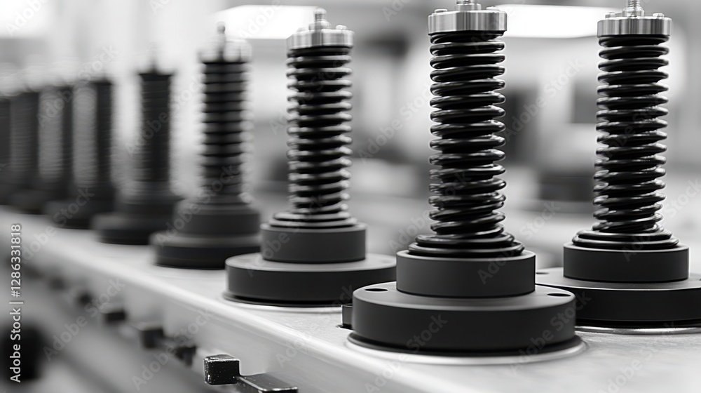 Poster a detailed close-up view of multiple metal springs intricately arranged on a machine, showcasing the