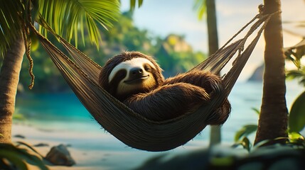A plush sloth dozing in a hammock tied between two palm trees