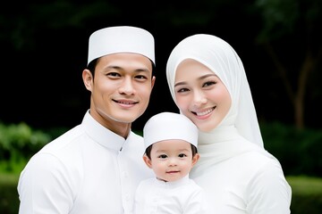 Happy Muslim family with father mother and child dressed in traditional white attire posing with warm smiles in natural outdoor setting celebrating love faith and togetherness in cultural portrait