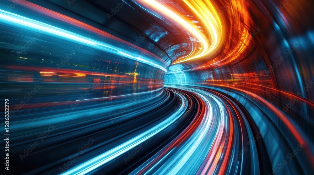 Poster a captivating image of a train moving through a tunnel illuminated by bright lights, showcasing the 