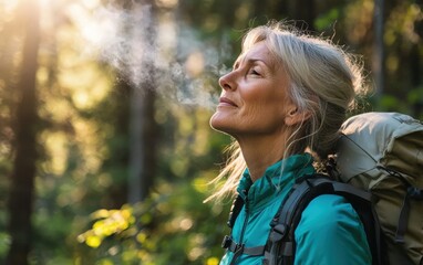 Fototapeta premium Professional stock photo of a Woman Hiking in the Forest, Taking a Deep Breath of Fresh Air