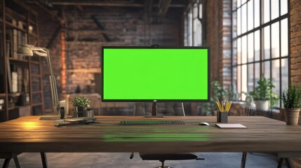 Obraz premium Modern Industrial Office with Green Screen Monitor and Brick Wall