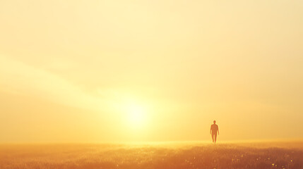 Man walking into sunlight over an open field. Backlit silhouette evokes concepts of self-discovery, purpose, and overcoming challenges in a golden dawn.