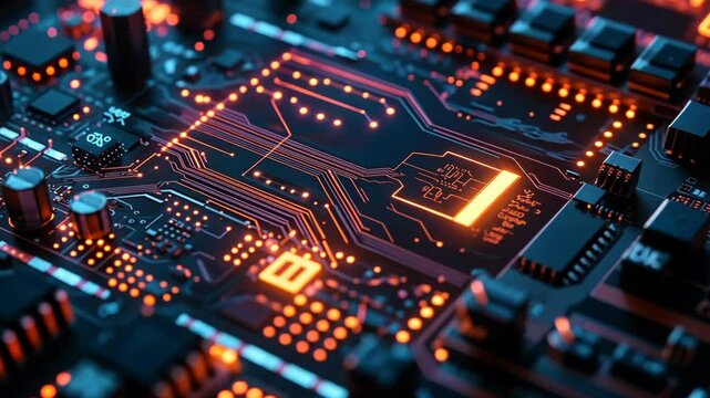 Futuristic circuit board with glowing patterns and lighting transitions in high resolution