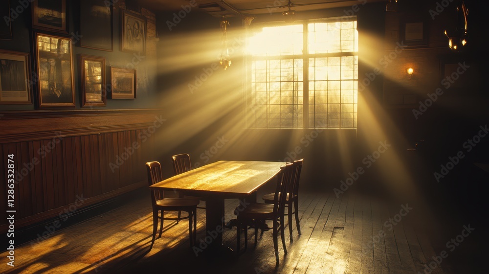 Poster sunlight filters through a window, casting warm light on a wooden table in a dimly lit room, creatin