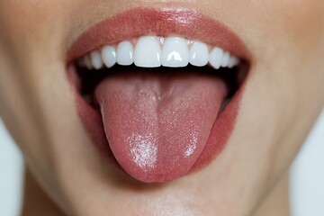 Obraz premium La imagen muestra una boca abierta con una lengua afuera y dientes blancos, destacando la expresión del rostro.