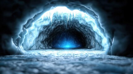 Obraz premium Icy cave with shimmering blue light illuminating the frozen interior and stalactites