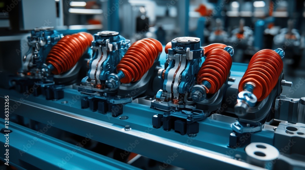 Poster a machine is covered in numerous orange and black hoses, showcasing a complex network essential for 