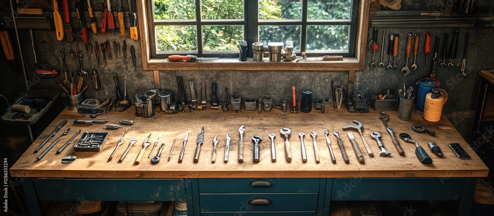 Poster well-organized workbench with various hand tools neatly arranged on a wooden surface in a workshop.