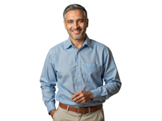 A well-dressed middle-aged man in a blue shirt and khaki pants stands against a transparent background