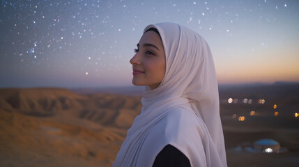 Arabian woman wearing traditional Muslim hijab with star light for Eid al-Adha mubarak background