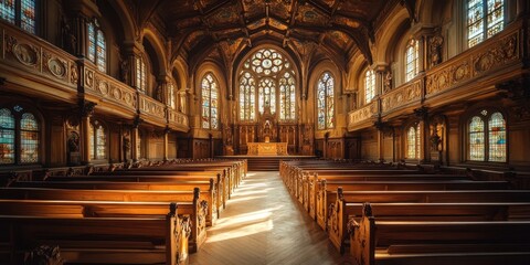 Fototapeta premium Aerial view showcasing a church interior featuring elegant wooden pews and colorful stained glass windows, highlighting its architectural beauty.