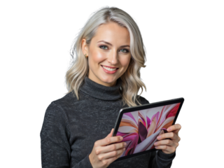 A young woman with blonde hair poses with a tablet in a dark setting.