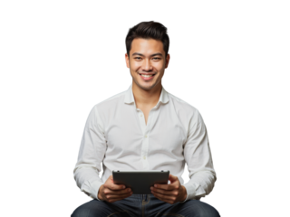 A smiling young man wearing a white button-up shirt and jeans holds an electronic device in front of him, set against a transparent background