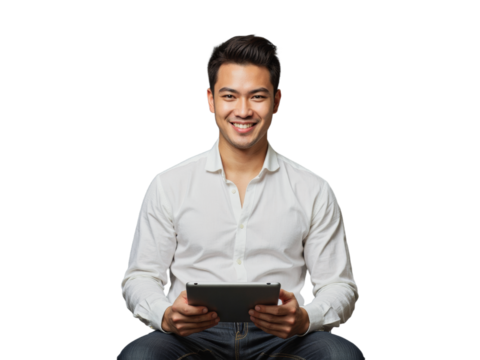 A smiling young man wearing a white button-up shirt and jeans holds an electronic device in front of him, set against a transparent background