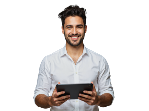 A smiling man in a white button-down shirt holds a tablet in his hands against a transparent background - Powered by Adobe