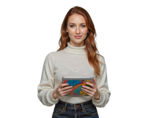 A woman in a cream sweater holds an iPad against a transparent background