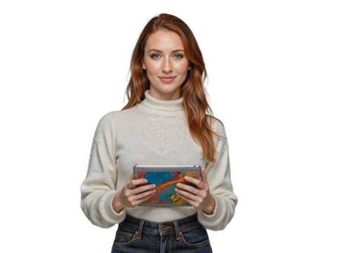 A woman in a cream sweater holds an iPad against a transparent background