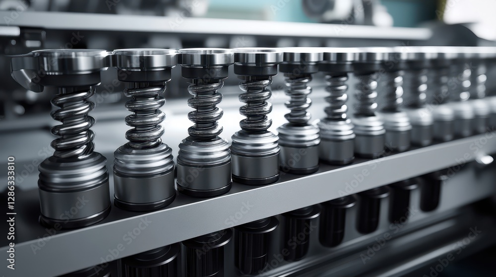 Poster a detailed close-up of a machine showcasing various metal objects intricately arranged on its surfac