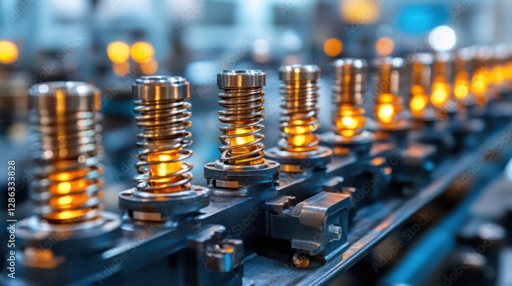 Poster a detailed close-up view of a machine featuring numerous intricate metal springs, showcasing their d