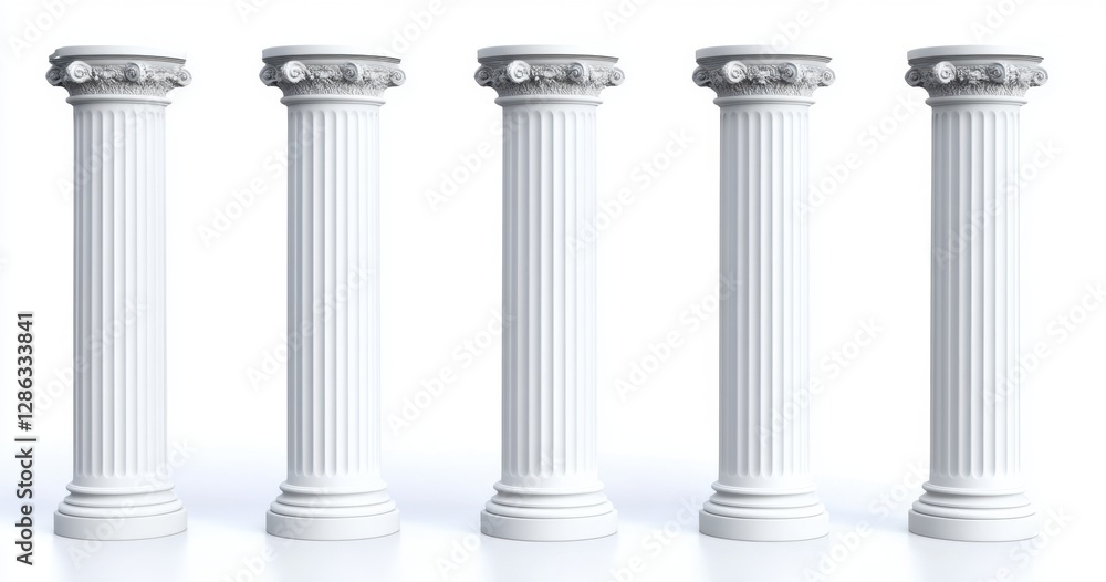 Poster five white classical columns with ornate capitals stand against a bright white background. the colum