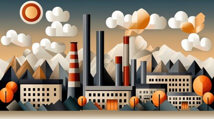 Naklejka premium Modern Industrial Landscape with Smokestacks Mountains and Trees in a Flat Design Style at Sunset