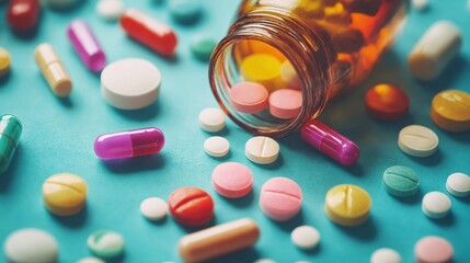 Frascos de píldoras desparramados sobre una superficie colorida, creando un contraste vibrante entre los medicamentos.