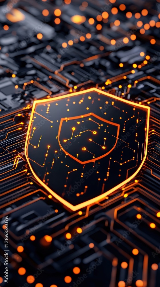 Poster abstract digital security concept with glowing shield on circuit board design