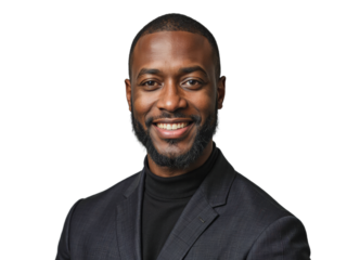 Portrait of a confident young African American man in a formal suit, smiling warmly against a transparent background
