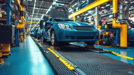 An arched car is seen on a conveyor belt within a bustling factory setting, showcasing the process of automotive production and assembly.