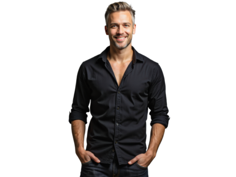 A well-dressed man in a black shirt and jeans smiles while holding his hands in front of him.