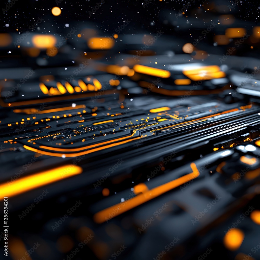 Poster abstract technology background with black surface and glowing orange circuit patterns
