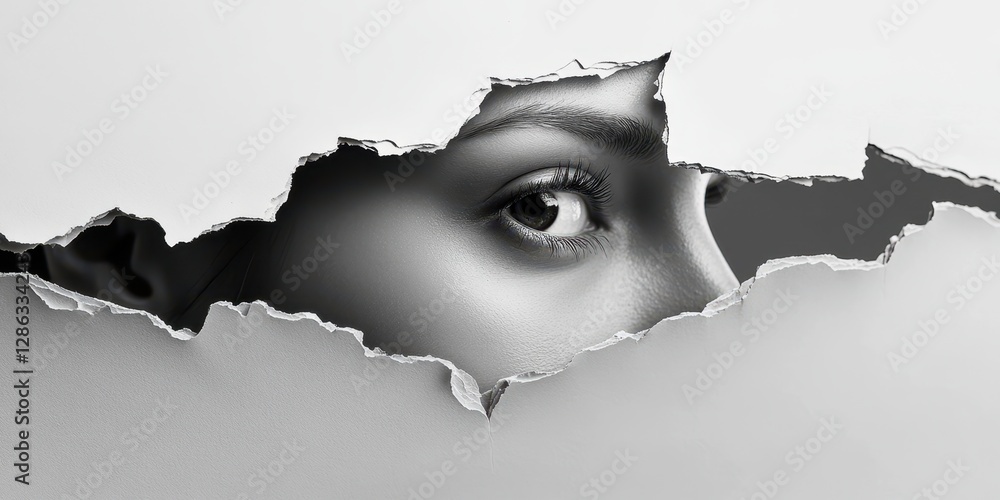 Poster a close-up of a woman's face partially visible through a hole in a wall, evoking curiosity and intri