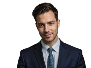 A well-dressed man stands against a transparent background