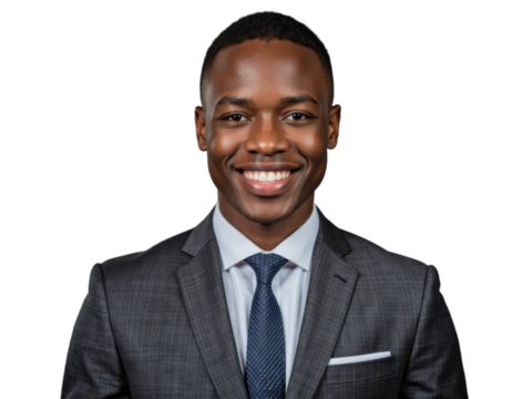 A smiling man in a transparent suit poses against a transparent background