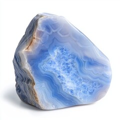 Fototapeta premium Semi-transparent blue polished blue lace agate gemstone isolated on white