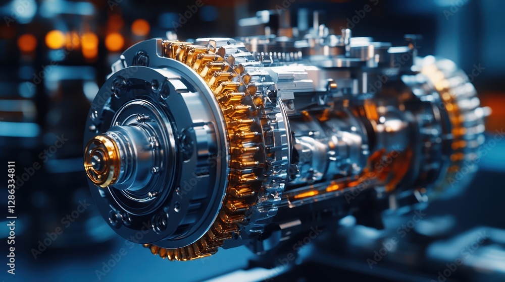 Poster a detailed close-up view of a complex machine featuring intricate gears, showcasing mechanical preci