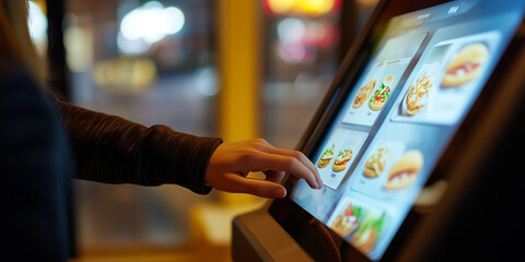 Close-up on a hand of person using touch screen to order food at fast-food restaurant. Self-service at modern cafe.