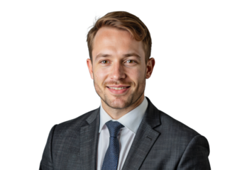 A professionally dressed man wearing a transparent suit with a white shirt and a dark tie smiles warmly against a transparent background