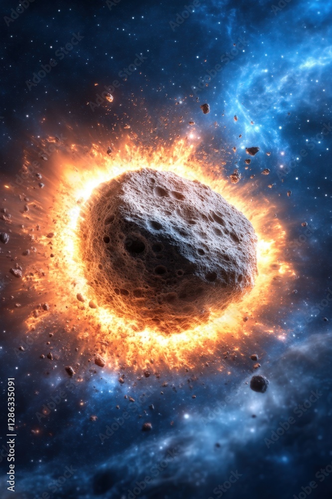 Poster fiery asteroid exploding in a nebula, cosmic debris and vibrant colors fill the scene. intense light