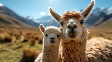 Obraz premium A heartwarming scene of a mother llama and her cria, showcasing their gentle expressions against a breathtaking mountainous backdrop that conveys a sense of tranquility.