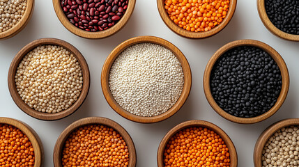 An overhead composition of wooden bowls containing beans, lentils, and grains, arranged in harmony around a pristine white center.
