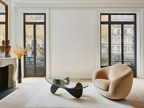 Parisian style interior with sculptural coffee table and elegant armchair. Ideal for interior design mockup and advertisement. Generative AI.