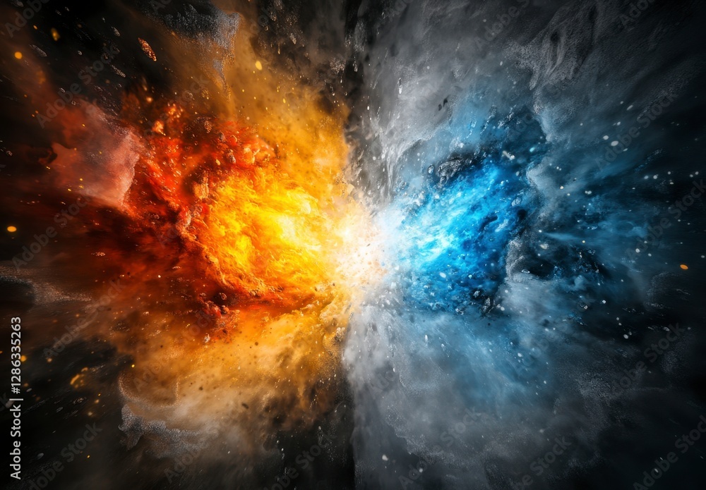 Poster fiery orange and cool blue collide in a dramatic abstract explosion. sparks and particles fly, creat