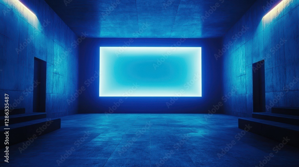 Poster a blue square is positioned on the floor of a room that features steps leading to a different level.