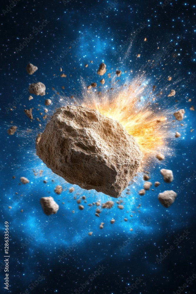 Poster a large asteroid explodes in a cosmic explosion, with fiery debris and fragments scattering against 
